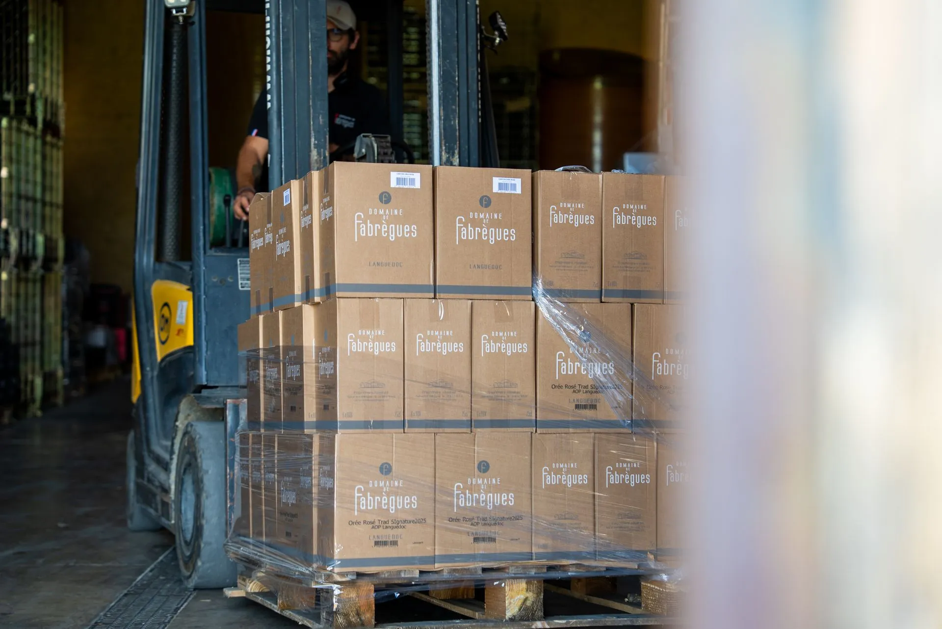 Une palette de cartons du domaine sur un chariot élévateur